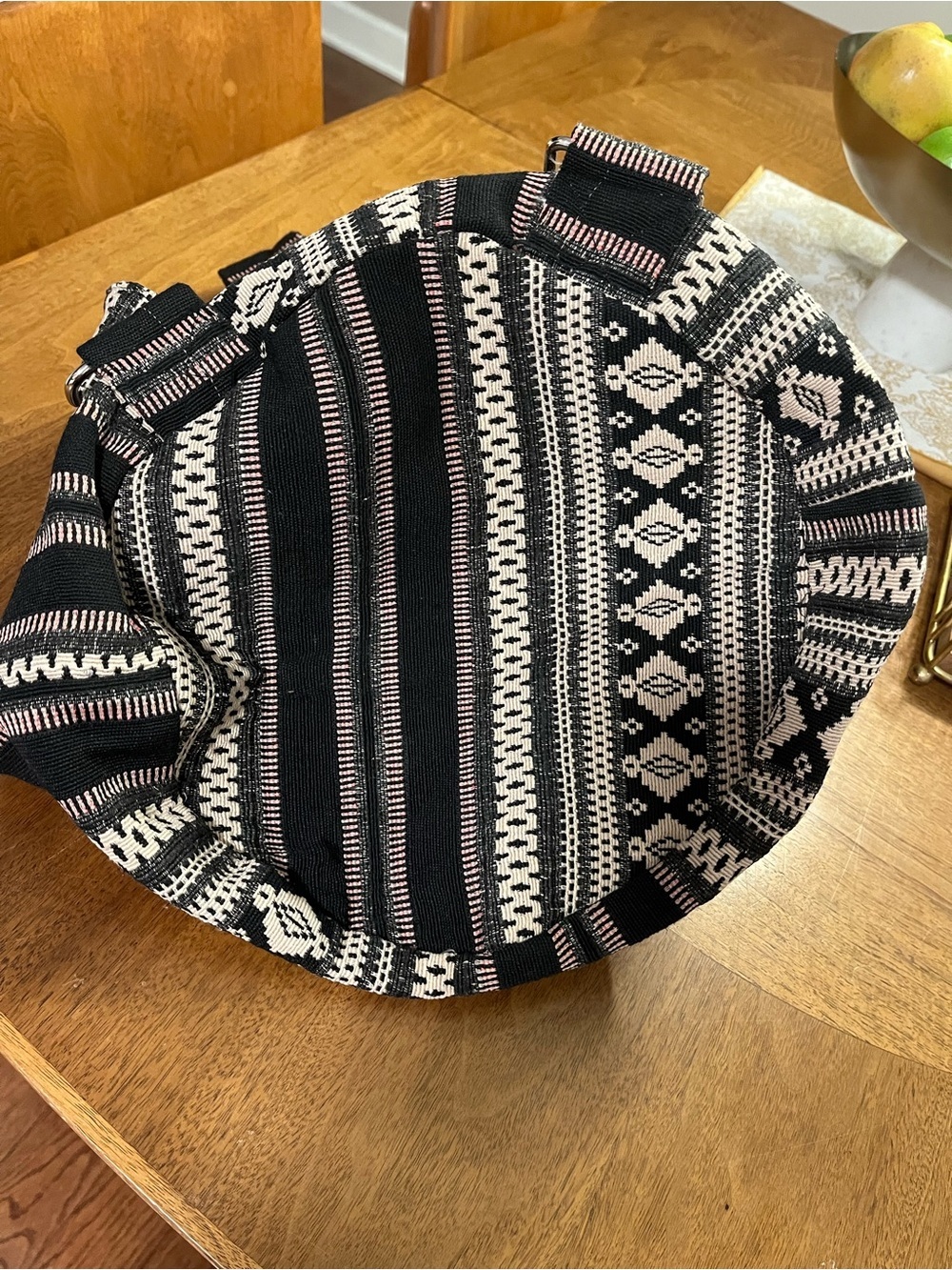 Woven Black & Cream Boho Drawstring Backpack with Leather Tassels - Picture 6 of 10